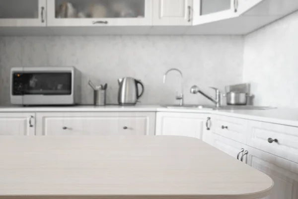 Empty Kitchen Wooden Surface Foreground White Modern Countertop Drawers Microwave — Zdjęcie stockowe