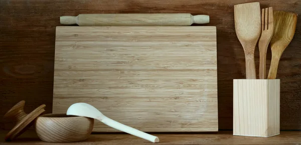 Composición Natural Interior Cocina Con Tabla Cortar Cubiertos Cocina Decoración — Foto de Stock