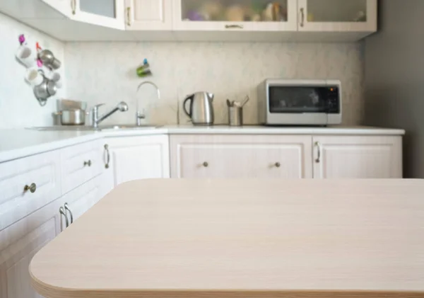 Empty Kitchen Wooden Surface Foreground White Modern Countertop Drawers Microwave — Stockfoto