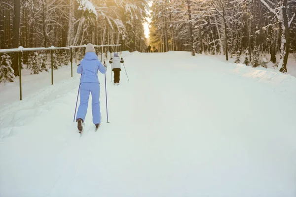 Μητέρα Και Κόρη Διασχίζουν Χώρα Σκι Πίσω Οπίσθια Όψη — Φωτογραφία Αρχείου