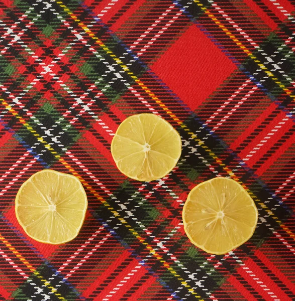 Image Three Lemon Slice Red Striped Tablecloth — стоковое фото