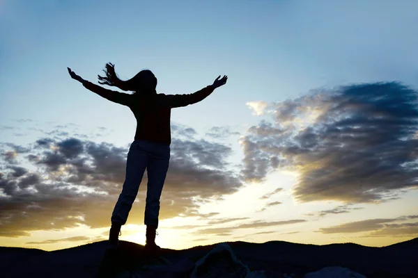 Silhouette Woman Hands Sunset Time Concept Effort Success — Stock Photo, Image