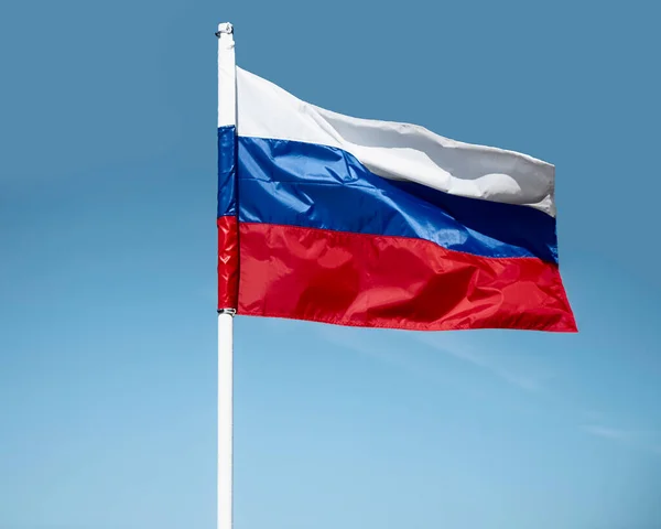 Russian Tricolor Flag Waving Wind Sky Russian Flag Blue Sky — Stock Photo, Image