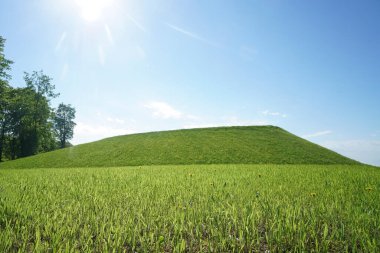Bahar manzarası. Yeşil çimenler, yeşil tepeler. Mavi gökyüzünde güneş, mercek parlıyor