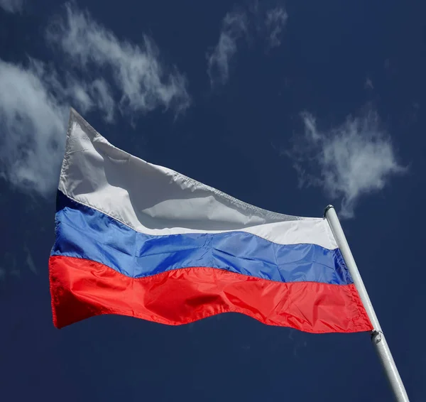 Bandera Tricolor Rusa Ondeando Viento Contra Cielo Azul Bandera Rusa — Foto de Stock