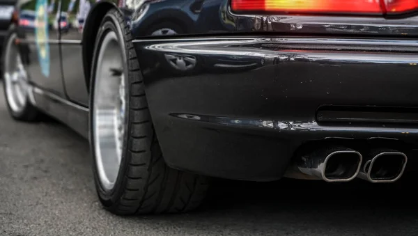 Twin Chrome Car Exhaust Pipes Seen Back Car Back Rear — Stock Photo, Image