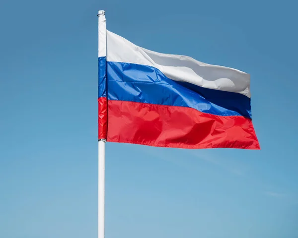 Russian Tricolor Flag Waving Wind Sky Russian Flag Blue Sky — Stock Photo, Image