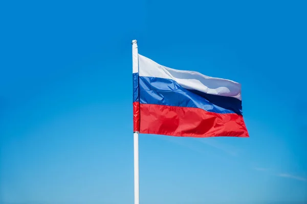 Russian Tricolor Flag Waving Wind Sky Russian Flag Blue Sky — Stock Photo, Image