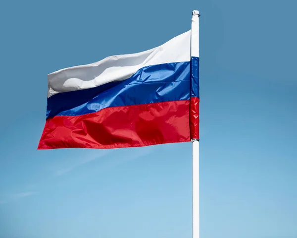 Russian Tricolor Flag Waving Wind Sky Russian Flag Blue Sky — Stock Photo, Image