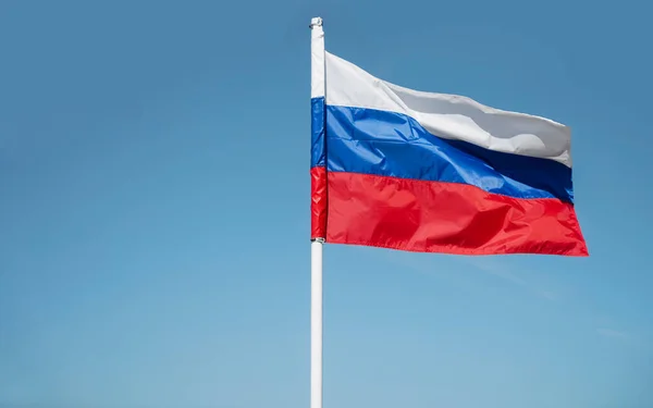 Russian Tricolor Flag Waving Wind Sky Russian Flag Blue Sky — Stock Photo, Image