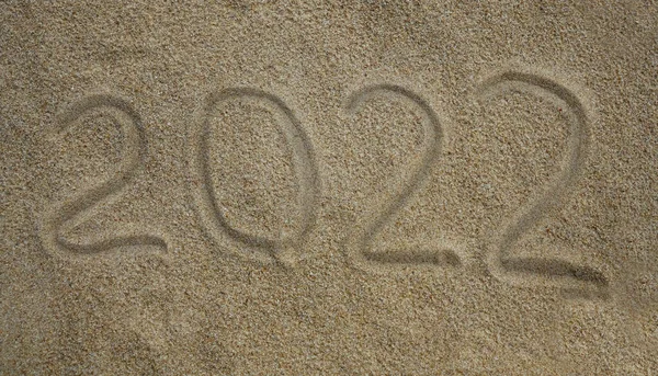 2022 Γραμμένο Στην Άμμο Της Παραλίας Νέο Έτος Ταξίδια Ευχετήρια — Φωτογραφία Αρχείου