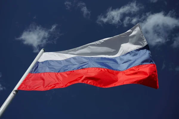 Russian Tricolor Flag Waving Wind Blue Sky Russian Flag Blue — Stock Photo, Image