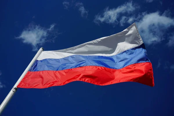 Russian Tricolor Flag Waving Wind Blue Sky Russian Flag Blue — Stock Photo, Image