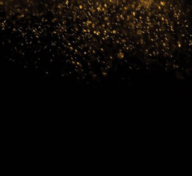 Güneş ışınları arka planında altın parıltı ve parıltı. Parlak ışık çiziminde sarı toz. Siyah duvar kâğıdı dizaynında parlayan parlak toz. Noel veya tatil kartı dekorasyonu.