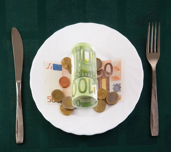 Money Lying Plate Fork Knife Euros Photo Greedy Corruption Concept — Stock Photo, Image