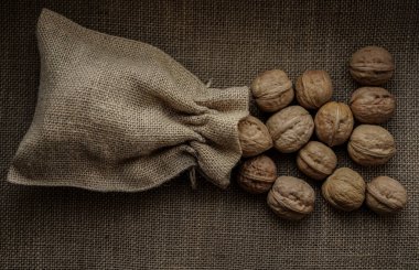 Kalıplı bir arka planda, çuval bezin içinde ceviz. Çuval içinde fındık.. 