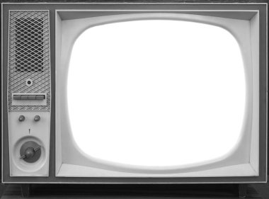 Gerçekçi retro televizyon. Beyaz model. Model bilgileri için boş beyaz alanı olan eski bir TV küçük ekranı. ön görüntü resmi.