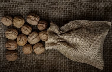 Kalıplı bir arka planda, çuval bezin içinde ceviz. Çuval içinde fındık.. 