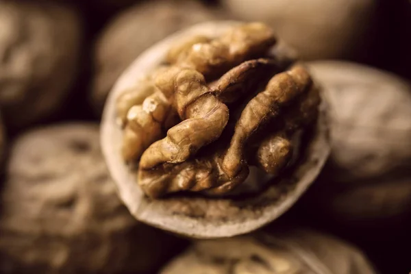 Voedselachtergrond Van Walnoten Sluit Het Beeld Gezond Eten Cafe Menu — Stockfoto