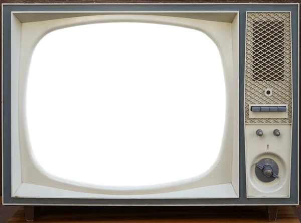 現実的なレトロテレビ 白いモックアップ モックアップ情報のための空白の白いスペースを持つ古いテレビの小さな画面 フロントビュー画像 — ストック写真