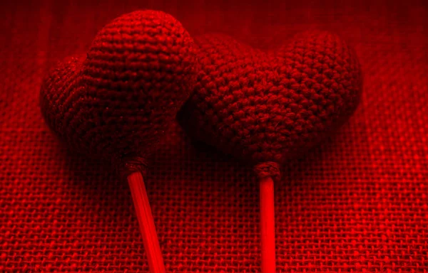 Two Red Knitted Hearts Happy Valentines Day Idea — Stock Photo, Image
