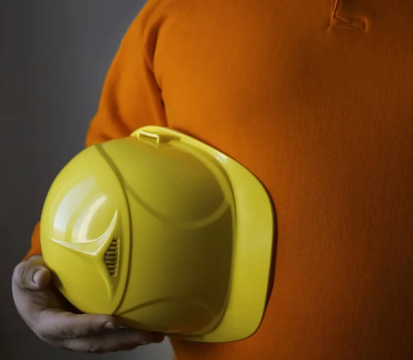 Engineer Worker Man Holding Yellow Helmet His Arm Isolated White — Stock Photo, Image