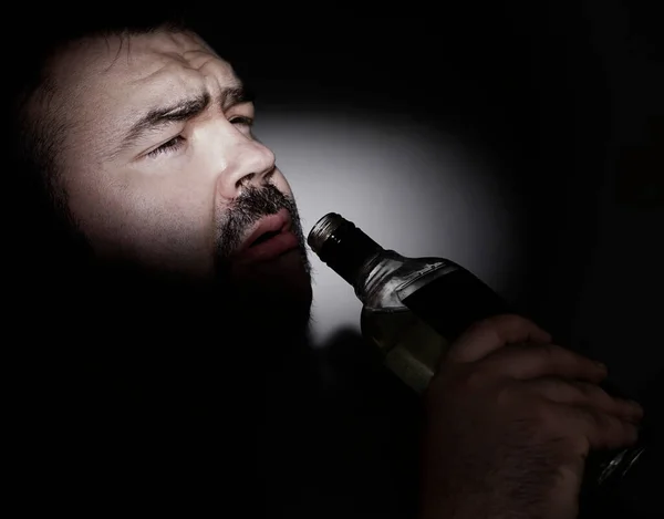 Bearded Man Hangover Drinking Jim Vodka Alcohol Beverage Transparent Glass — Stock Photo, Image