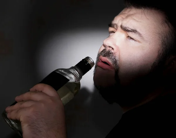 Bearded Man Hangover Drinking Jim Vodka Alcohol Beverage Transparent Glass — Stock Photo, Image
