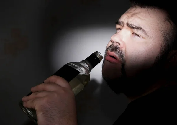 Bearded Man Hangover Drinking Jim Vodka Alcohol Beverage Transparent Glass — Stock Photo, Image