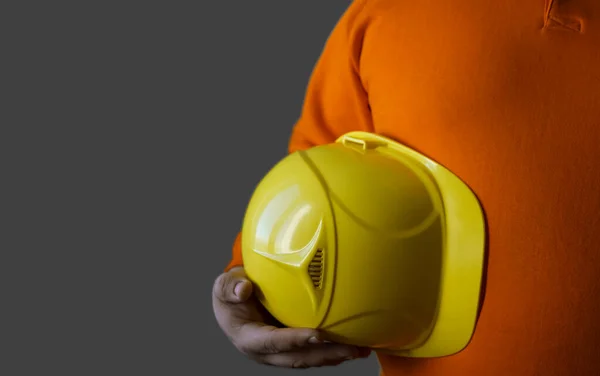 Engineer Worker Man Holding Yellow Helmet His Arm Isolated White — Stock Photo, Image