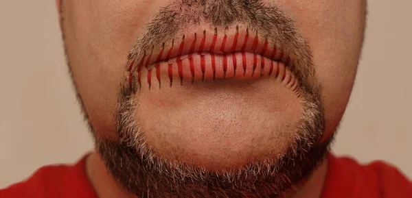 Horror Shot Scary Strange Man Mouth Sewn Shut — Stock Photo, Image