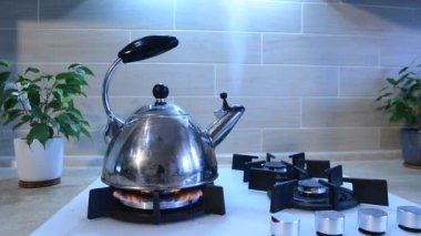 Su ısıtıcısı kaynar ve yüksek sesli bir ıslık çalar.