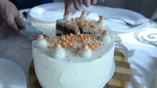 Corta un pastel blanco y lo arregla en platos — Vídeos de Stock