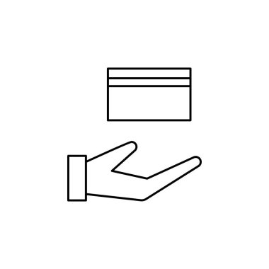 El ele tutuşan kredi kartı ikonu. İnce çizgi sembol tasarımı. vektör illüstrasyonu.