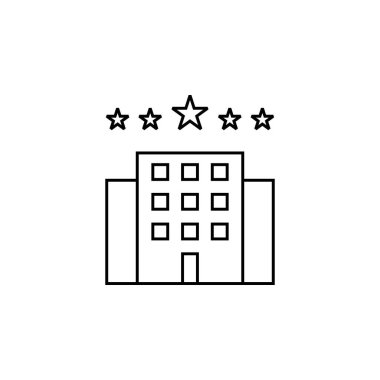 Beyaz arkaplanda izole edilmiş otel simgesi vektörü, şehir işareti logosu konsepti, doğrusal öge.