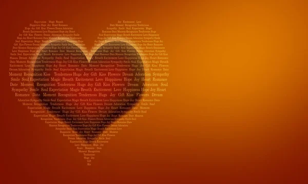 赤オレンジ色の背景にハート型のタグ雲と赤いハート バレンタインデー 誕生日 愛の概念です 郵便はがきスクリーンセーバー — ストック写真