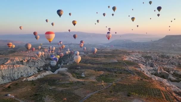Goreme Turkiye October 2020 Aerial View Fleet Hot Air Balloons — Stock Video