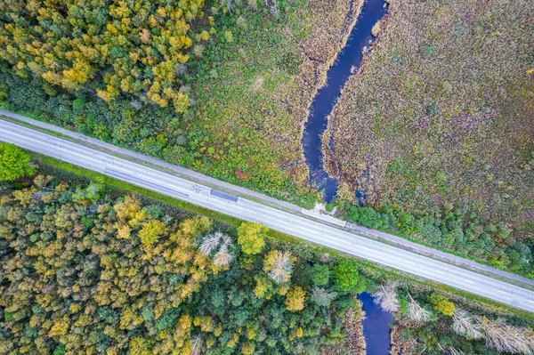 road intersecting blue river among autumn yellow forests, bogs