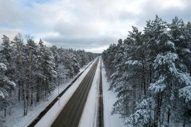 Dağlarda serin karlı kara yol ve ağaçlar