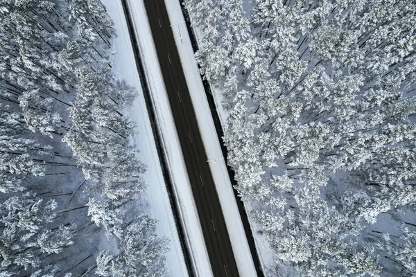 Μαύρος δρόμος και δέντρα με κρύο χιόνι στα βουνά — Φωτογραφία Αρχείου