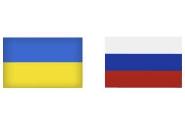 Ukrayna, Rusya 'ya karşı dünya savaşı krizi kavramında. Ukrayna ve Rus ülkesi ve ulusu arasındaki çatışma ve askeri savaş. İki ülkenin bayrakları. Barış olsun ya da olmasın, durdurun onları. Bayrak simgeleri