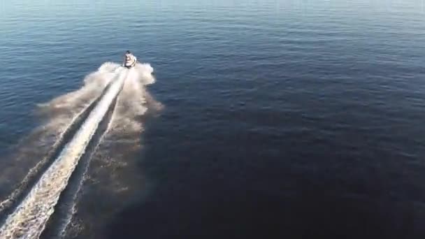 Aerial Drone Top View Copy Space Luxury Speed Boat Cruising — Stockvideo