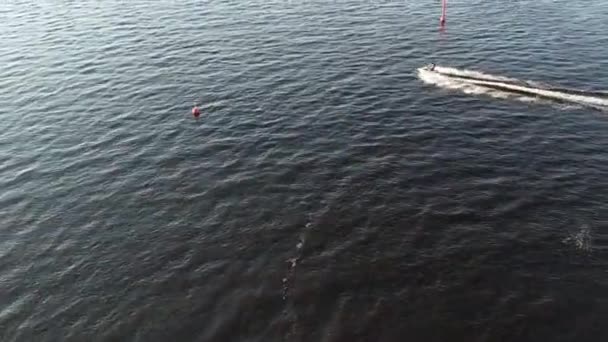 Aerial Drone Top View Copy Space Luxury Speed Boat Cruising — ストック動画