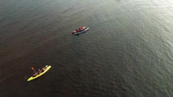 Aerial Drone View Group People Kayaking River Sunset Tourists Boats — Stockvideo