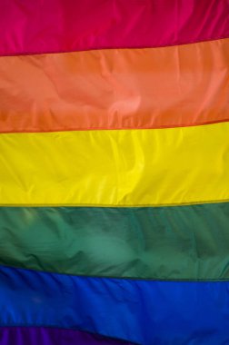 Yakın plan gökkuşağı eşcinsellik gururu bayrağı bir sokakta. Lezbiyen Biseksüel Transseksüel LGBT topluluğunun sembolü bulutlu gökyüzüne karşı rüzgarda sallanıyor. Özgürlük ve eşitlik için sosyal hareket. Boşluğu Kopyala 