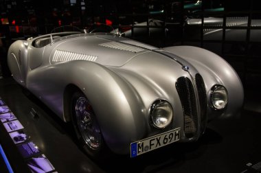 Munich, Germany - July 7 2022: Historic collection of BMW racing, sport, classic, concept cars and motorcycles. Interior of automobile museum. Permanent exhibition of first cars and electric concepts