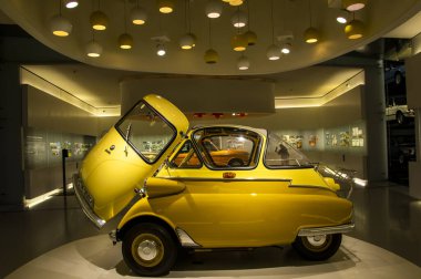 Munich, Germany - July 7 2022: Historic collection of BMW racing, sport, classic, concept cars and motorcycles. Interior of automobile museum. Permanent exhibition of first cars and electric concepts