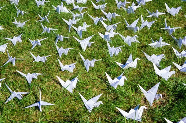 Japonlar taze çimlerin üzerinde Origami vinçlerini katladı. Yeşil alanda fotokopi alanı olan yüzlerce el yapımı kağıt kuş. 1000 bin vinç tsuru heykel konusu. Barışın, inancın, sağlığın, dileklerin ve umudun sembolü 
