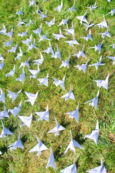 Japonlar taze çimlerin üzerinde Origami vinçlerini katladı. Yeşil alanda fotokopi alanı olan yüzlerce el yapımı kağıt kuş. 1000 bin vinç tsuru heykel konusu. Barışın, inancın, sağlığın, dileklerin ve umudun sembolü 