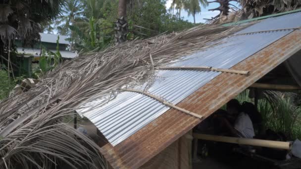 Battambang Camboja 2020 Folhas Palma Secas Colocadas Sobre Telhado Metal — Vídeo de Stock